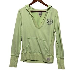 Polo Jeans Womens Y2K Hoodie M Green‎ V Neck Kangaroo Pocket Casual Streetwear